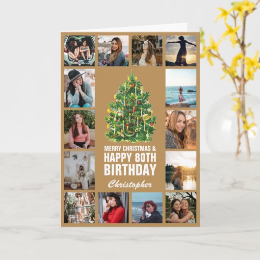 Vrolijk kerstfeest en 80ste Happy Birthday Gold Kaart (Gele Bloem)