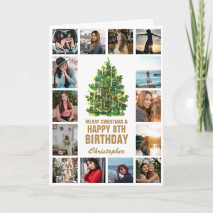 Vrolijk kerstfeest en 8e Happy Birthday-foto Kaart