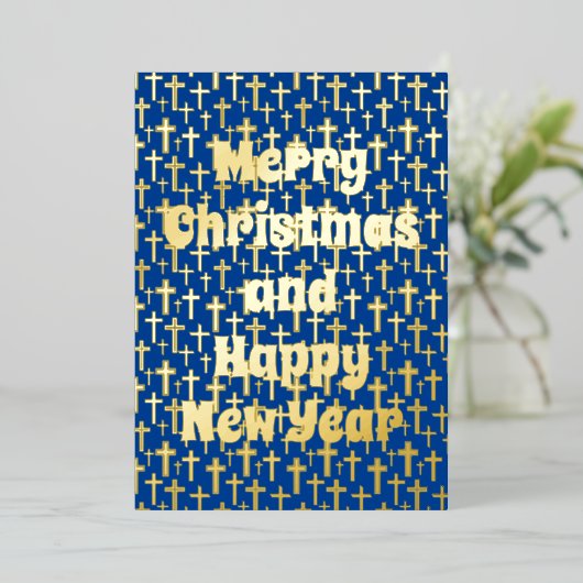 Vrolijk kerstfeest en gelukkig bijna jaar blauw folie feestdagenkaart (Staand Voorkant)