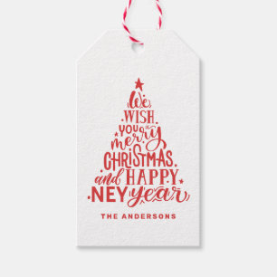 Vrolijk kerstfeest en gelukkig nieuwjaar. Rode let Cadeaulabel
