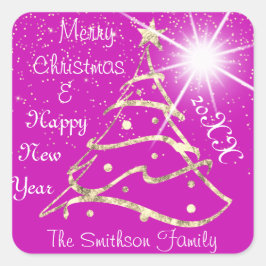 Vrolijk kerstfeest en gelukkig nieuwjaar - roze go vierkante sticker