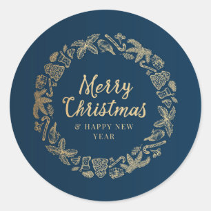 Vrolijk kerstfeest en gelukkig nieuwjaar zwart-wit ronde sticker