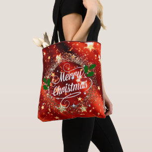 Vrolijk kerstfeest en glittervakantie rood tote bag
