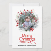Vrolijk kerstfeest en krans met rode bessen foto feestdagenkaart (Voorkant)