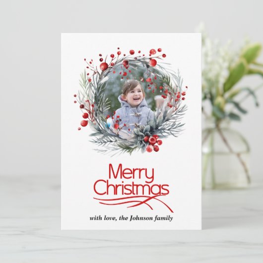 Vrolijk kerstfeest en krans met rode bessen foto feestdagenkaart (Staand voorkant)