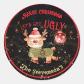 Vrolijk kerstfeest en lelijke trui rendier ronde sticker (Voorkant)