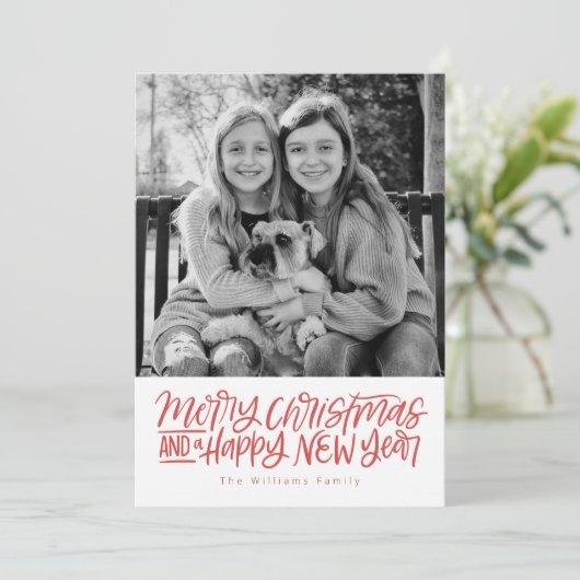 Vrolijk kerstfeest en nieuwjaar met de hand geschr feestdagenkaart (Staand voorkant)