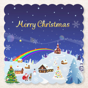 Vrolijk kerstfeest en regenboogkerstman kartonnen onderzetters