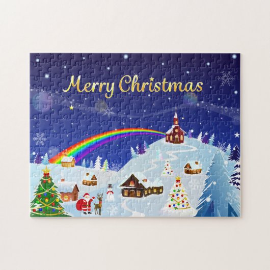 Vrolijk kerstfeest en regenboogkerstman legpuzzel (Horizontaal)