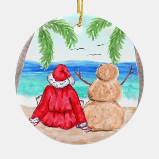 Vrolijk kerstfeest en Snowman op strand Keramisch Ornament (Voorkant)