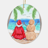 Vrolijk kerstfeest en Snowman op strand Keramisch Ornament (Links)