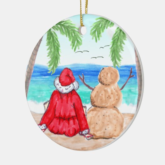 Vrolijk kerstfeest en Snowman op strand Keramisch Ornament (Links)