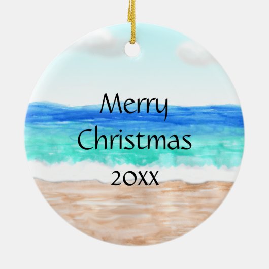 Vrolijk kerstfeest en Snowman op strand Keramisch Ornament (Achterkant)