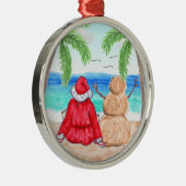 Vrolijk kerstfeest en Snowman op strand Metalen Ornament (Rechts)
