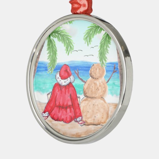 Vrolijk kerstfeest en Snowman op strand Metalen Ornament (Links)