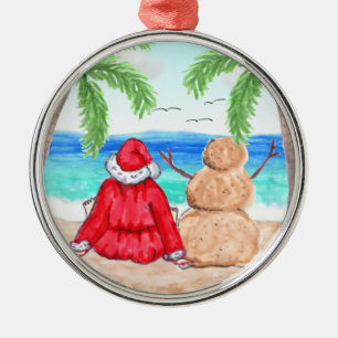 Vrolijk kerstfeest en Snowman op strand Metalen Ornament