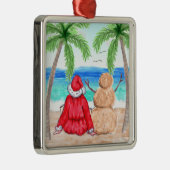Vrolijk kerstfeest en Snowman op strand Metalen Ornament (Rechts)