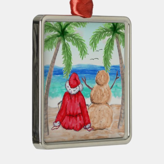 Vrolijk kerstfeest en Snowman op strand Metalen Ornament (Rechts)