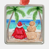 Vrolijk kerstfeest en Snowman op strand Metalen Ornament (Voorkant)