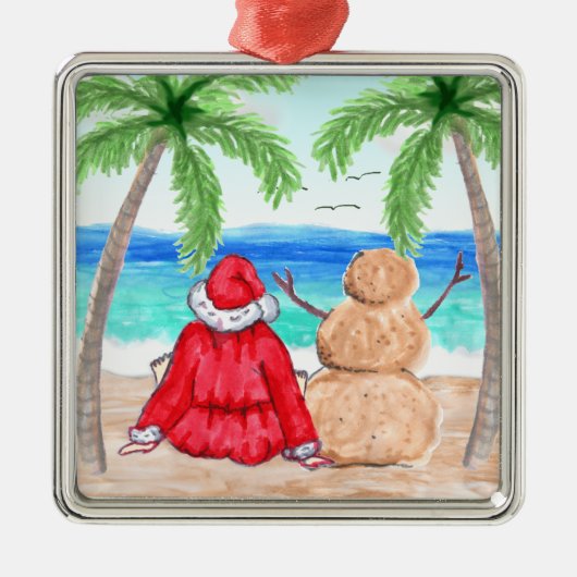 Vrolijk kerstfeest en Snowman op strand Metalen Ornament (Voorkant)