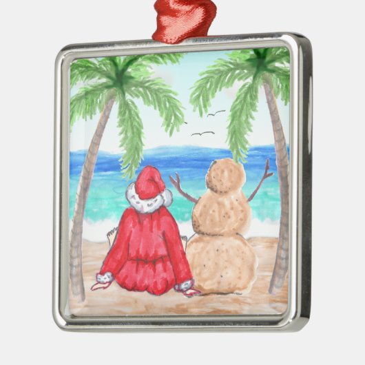 Vrolijk kerstfeest en Snowman op strand Metalen Ornament (Links)