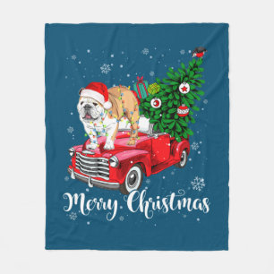 Vrolijk kerstfeest Engels Bulldog Santa Red Truck Fleece Deken