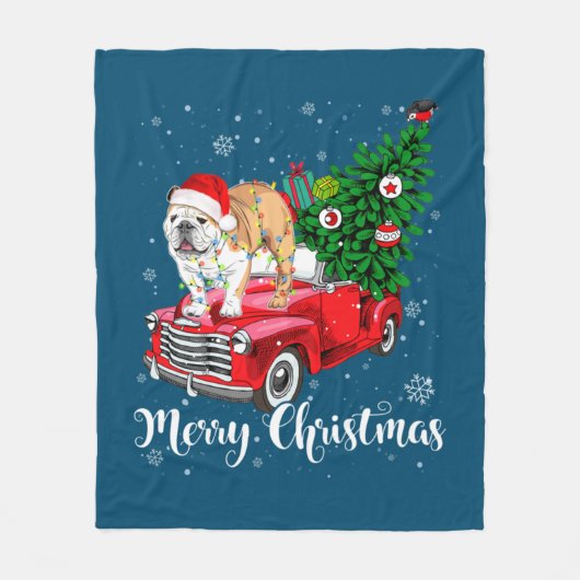 Vrolijk kerstfeest Engels Bulldog Santa Red Truck  Fleece Deken (Voorkant)