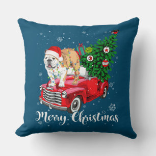 Vrolijk kerstfeest Engels Bulldog Santa Red Truck Kussen