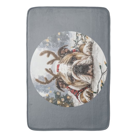 Vrolijk Kerstfeest Engelse Bulldog Rendier Badmat (Voorkant Verticaal)