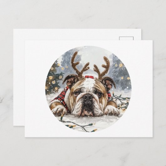 Vrolijk Kerstfeest Engelse Bulldog Rendier Briefkaart (Voorkant / Achterkant)