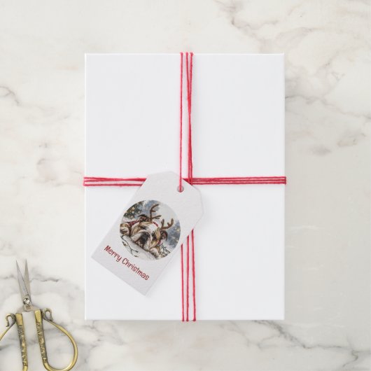 Vrolijk Kerstfeest Engelse Bulldog Rendier Cadeaulabel (Met Touw)