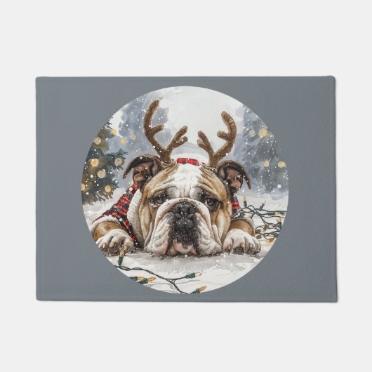 Vrolijk Kerstfeest Engelse Bulldog Rendier Deurmat (Voorkant)