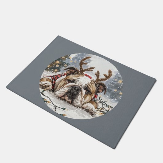 Vrolijk Kerstfeest Engelse Bulldog Rendier Deurmat (Schuin)