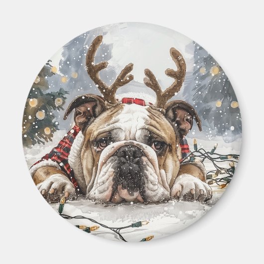 Vrolijk Kerstfeest Engelse Bulldog Rendier Magneet (Voorkant)