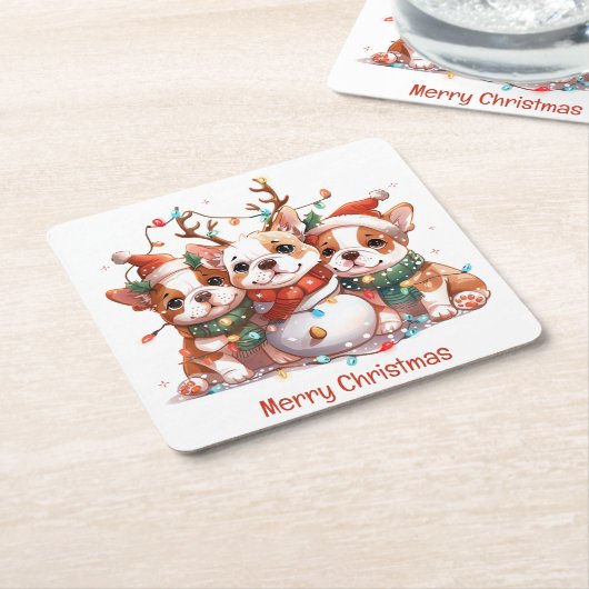 Vrolijk Kerstfeest Engelse Bulldog Rendier Santa Kartonnen Onderzetters (Schuin)
