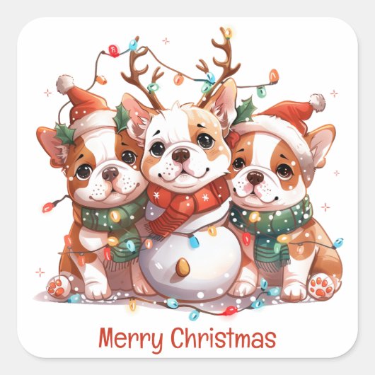 Vrolijk Kerstfeest Engelse Bulldog Rendier Santa Vierkante Sticker (Voorkant)