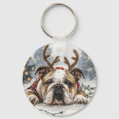 Vrolijk Kerstfeest Engelse Bulldog Rendier Sleutelhanger (Voorkant)