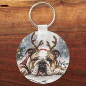 Vrolijk Kerstfeest Engelse Bulldog Rendier Sleutelhanger (Voorkant)