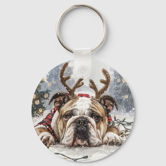 Vrolijk Kerstfeest Engelse Bulldog Rendier Sleutelhanger (Achterkant)