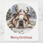 Vrolijk Kerstfeest Engelse Bulldog Rendier Wijn Etiket (Enkel label)