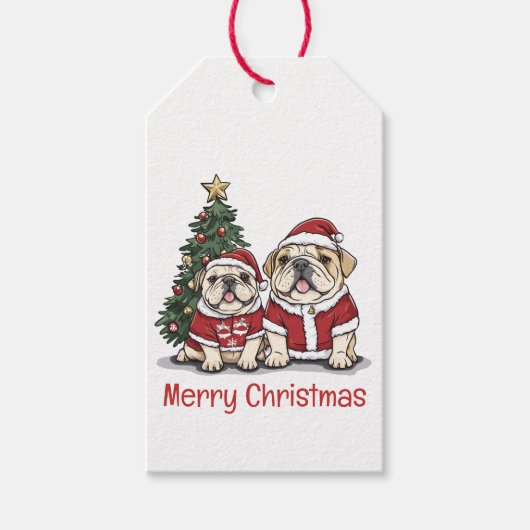 Vrolijk Kerstfeest Engelse Bulldog Santa Hats Cadeaulabel (Voorkant)