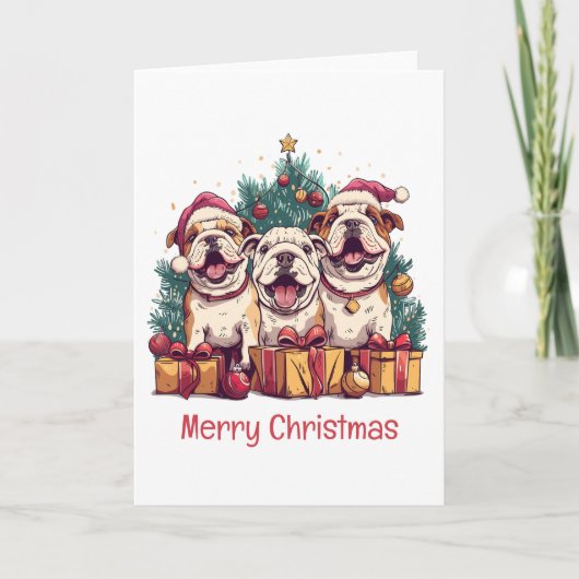 Vrolijk Kerstfeest Engelse Bulldog Santa Hats Feestdagen Kaart (Voorkant)