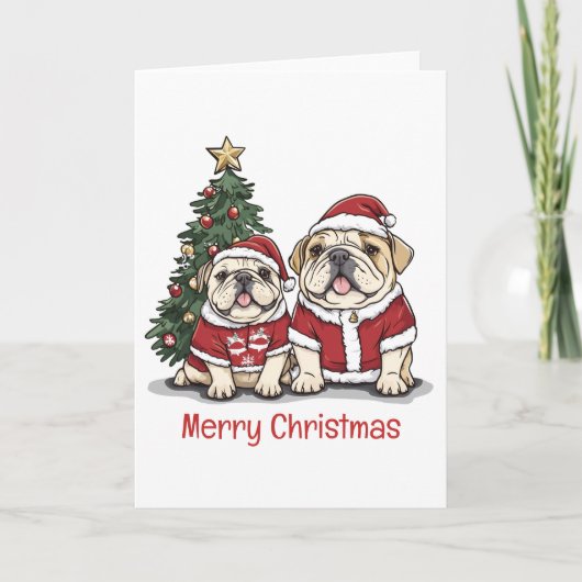 Vrolijk Kerstfeest Engelse Bulldog Santa Hats Feestdagen Kaart (Voorkant)