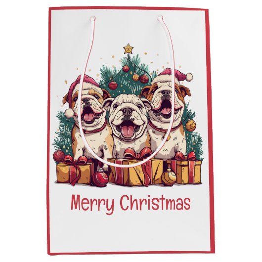 Vrolijk Kerstfeest Engelse Bulldog Santa Hats Medium Cadeauzakje (Voorkant)