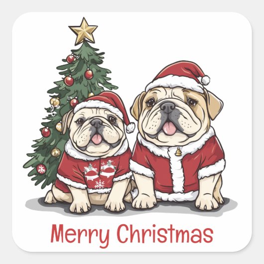 Vrolijk Kerstfeest Engelse Bulldog Santa Hats Vierkante Sticker (Voorkant)