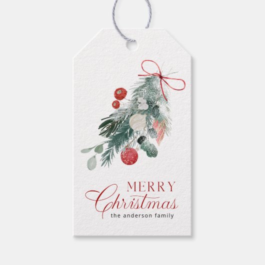Vrolijk kerstfeest Evergreen Branches Ornamenten Cadeaulabel (Voorkant)