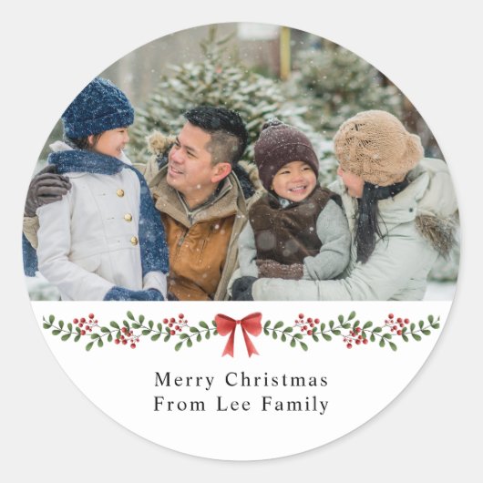 Vrolijk Kerstfeest Familie Een foto Kerstvakantie Ronde Sticker (Voorkant)