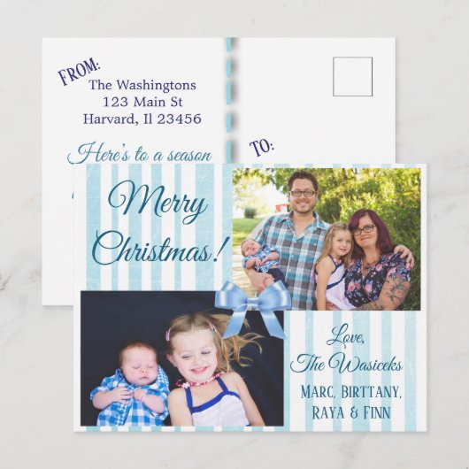 Vrolijk Kerstfeest Familie Foto Blue Bow Briefkaar Feestdagenkaart (Voorkant / Achterkant)
