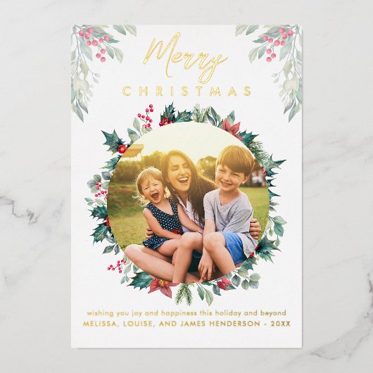 Vrolijk Kerstfeest Familie Foto Botanisch Folie Feestdagenkaart (Voorkant)