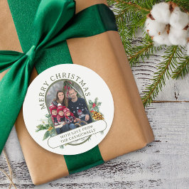 Vrolijk Kerstfeest Familie Foto Holly en Pine Ronde Sticker